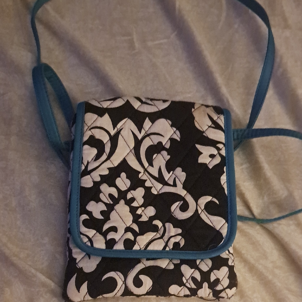 Chic Black and White Floral Crossbody Bag with Blue Trim